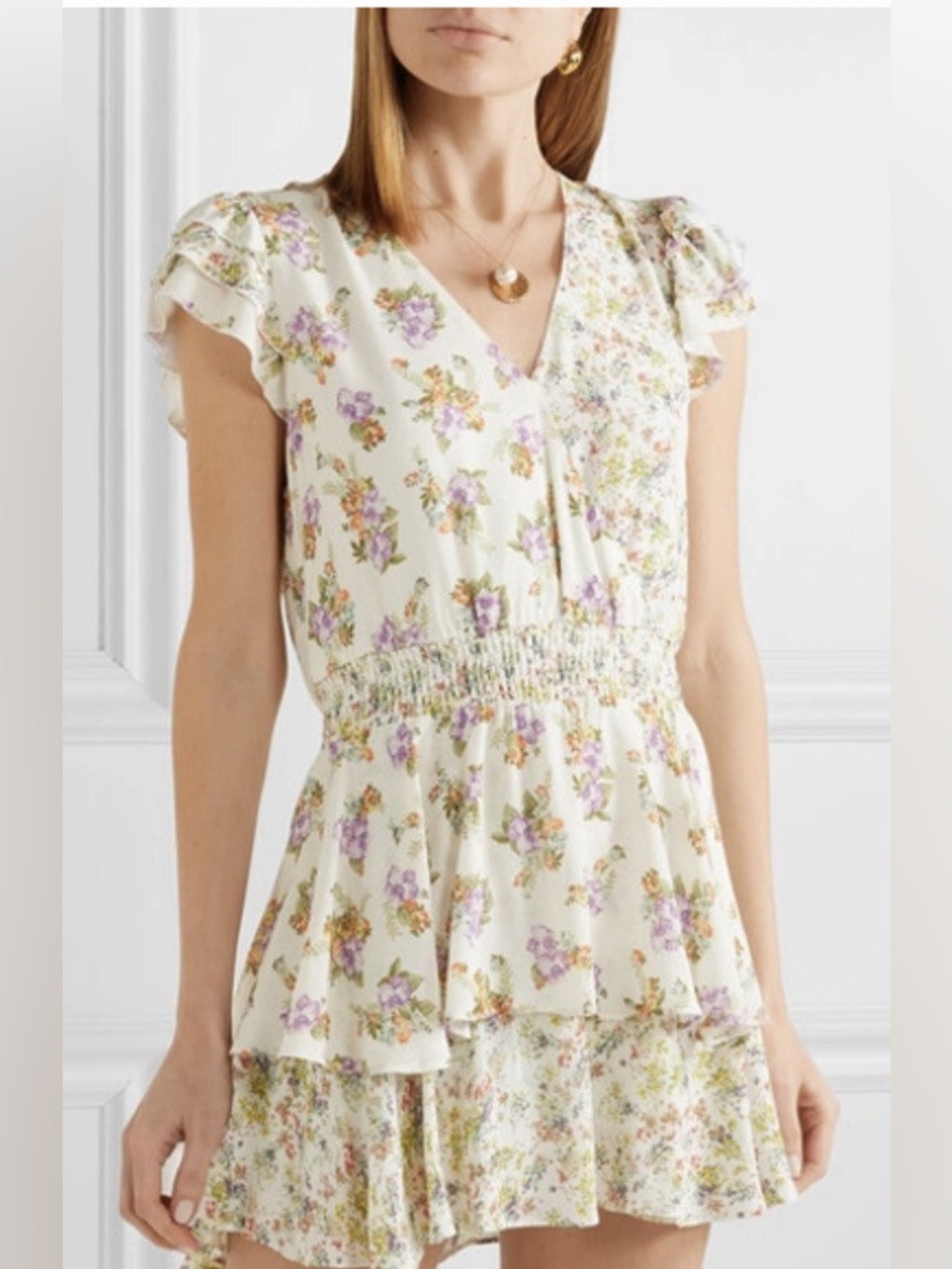 Alice + Olivia Cream Mini Romper with Lilac Floral Print